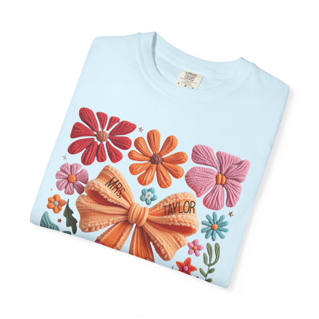 Faux embroidered Teacher Shirt, Comfort Colors, Teacher appreciation gift, pencil coquette, yarn embroidery