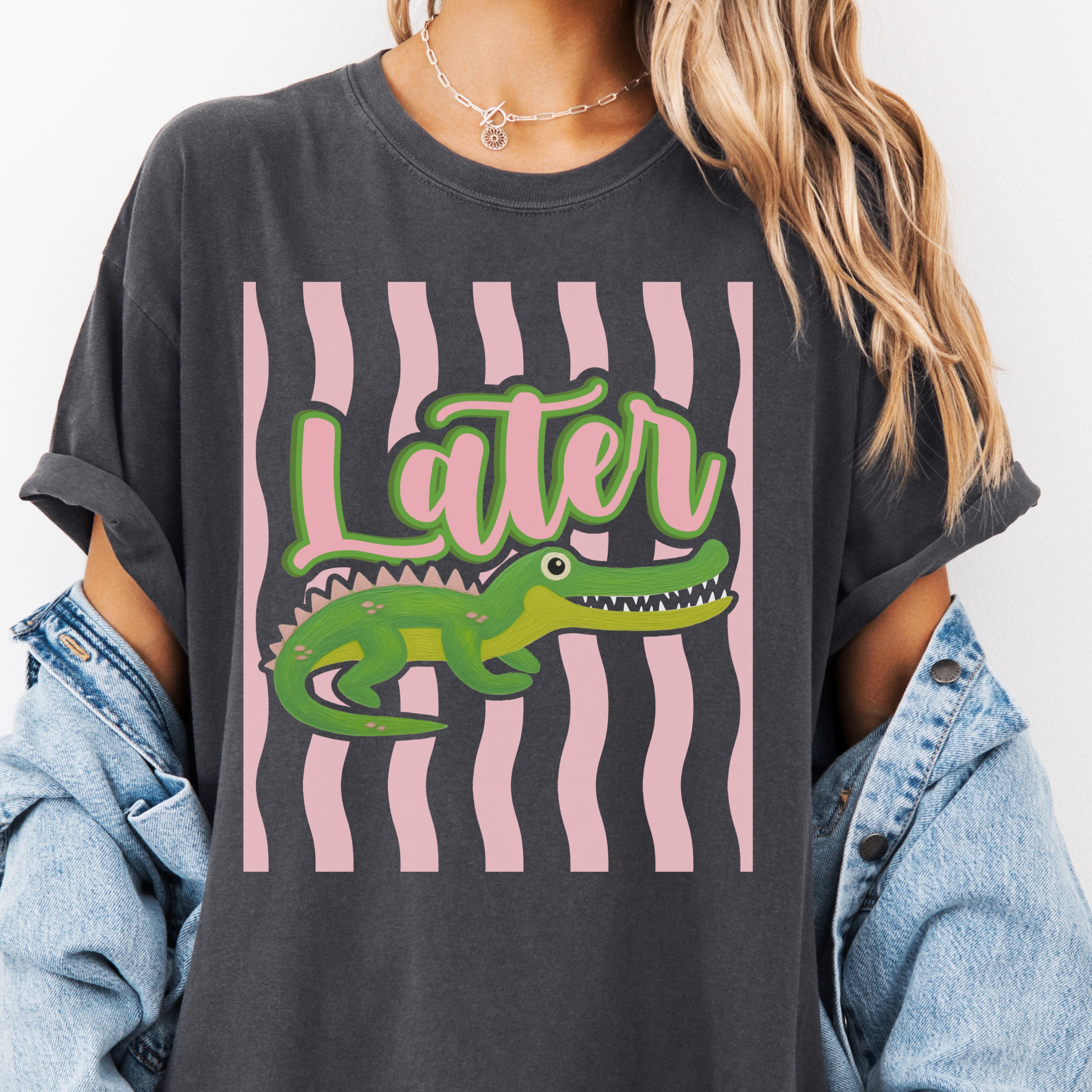 Later Gator T Shirt Comfort Colors, Beach Apparel, Pink Stripe trend, Summer shirt