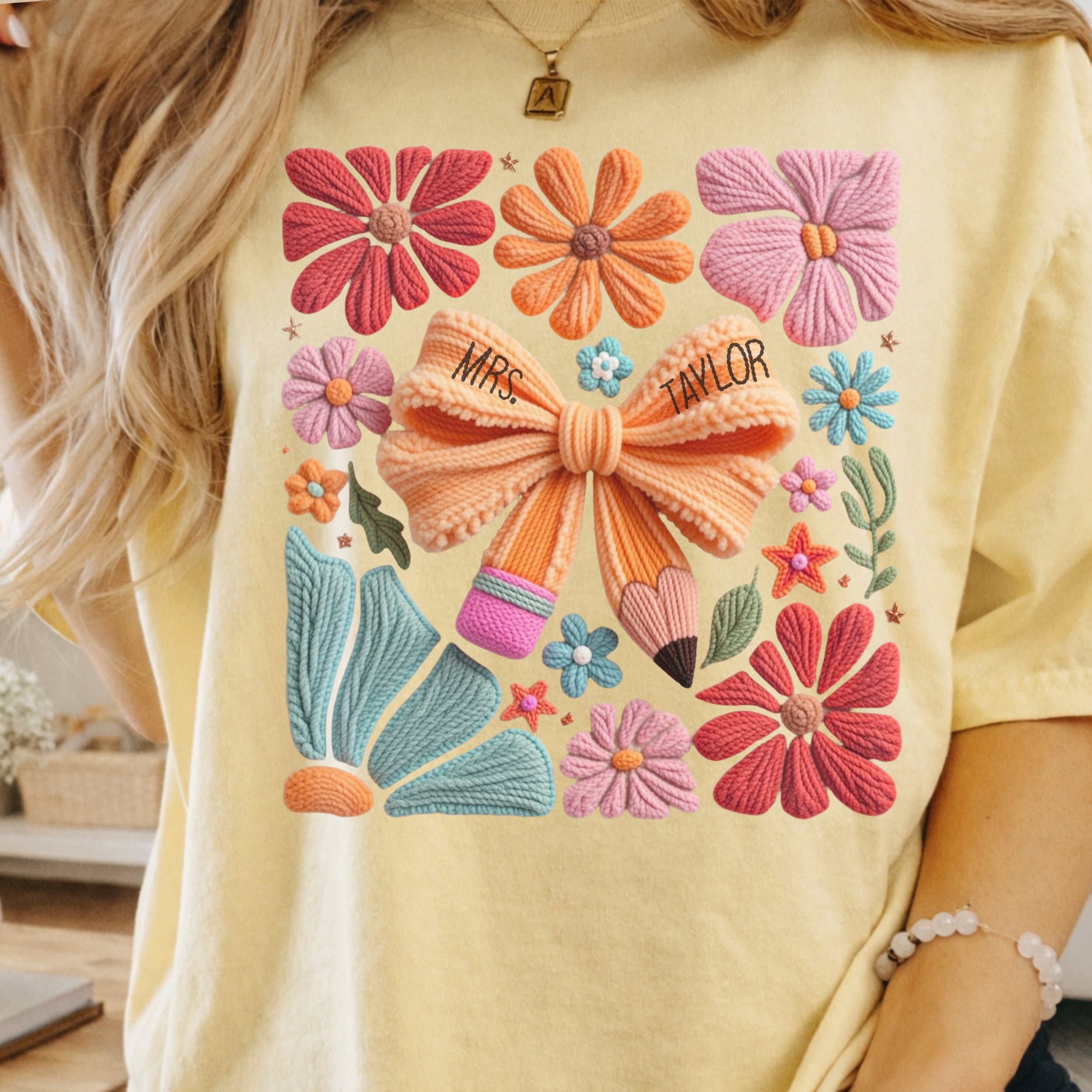 Faux embroidered Teacher Shirt, Comfort Colors, Teacher appreciation gift, pencil coquette, yarn embroidery