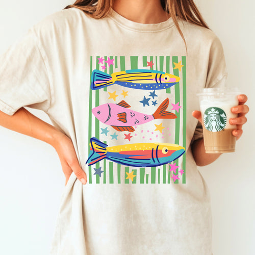 Colorful Fish Shirt, Comfort Colors, Summer tropical tshirt rainbow fish and stars