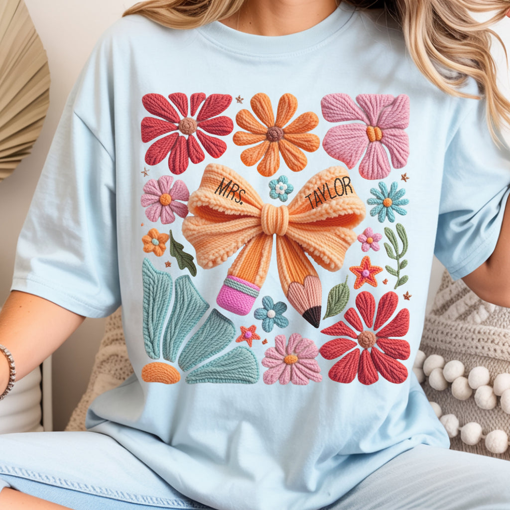 Faux embroidered Teacher Shirt, Comfort Colors, Teacher appreciation gift, pencil coquette, yarn embroidery