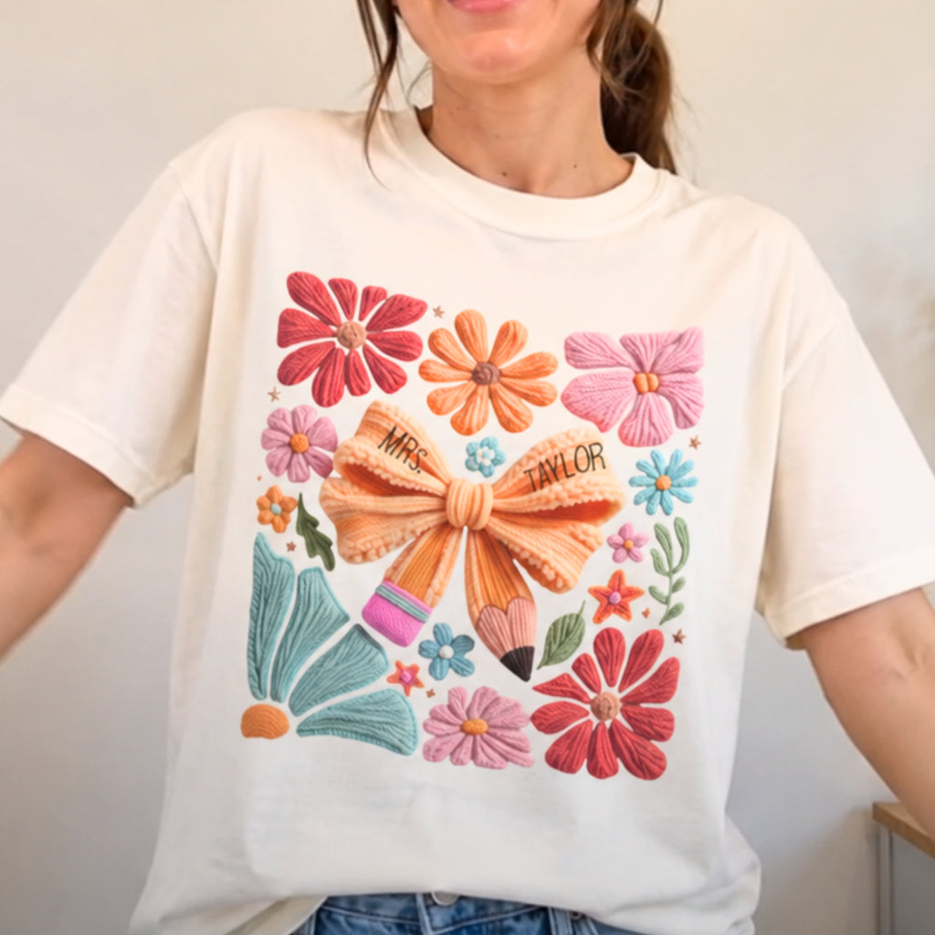 Faux embroidered Teacher Shirt, Comfort Colors, Teacher appreciation gift, pencil coquette, yarn embroidery