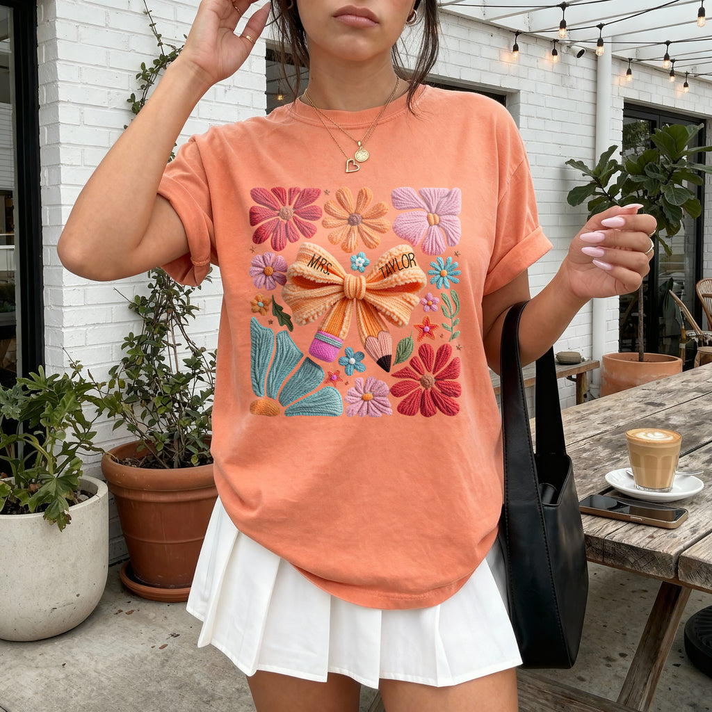 Faux embroidered Teacher Shirt, Comfort Colors, Teacher appreciation gift, pencil coquette, yarn embroidery
