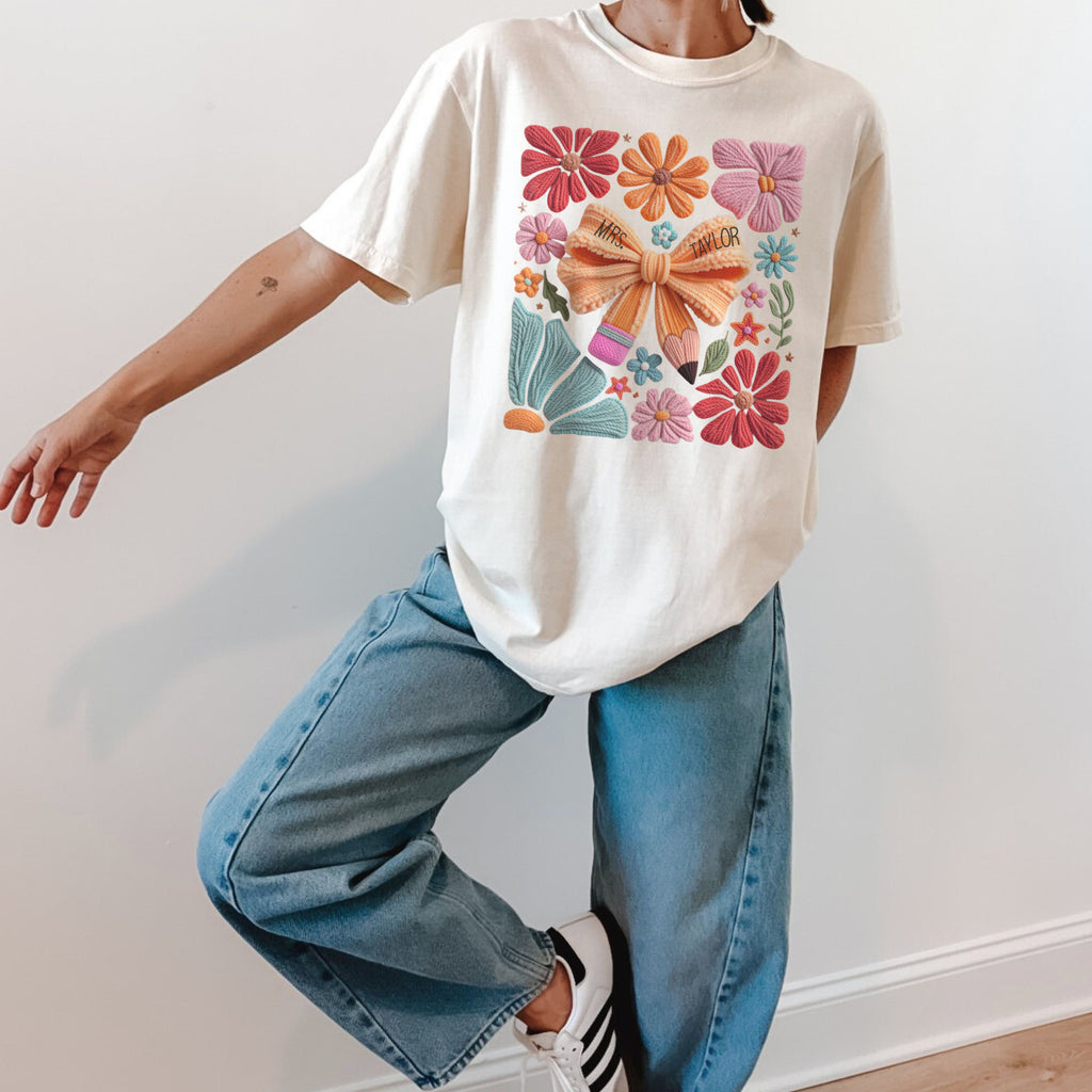 Faux embroidered Teacher Shirt, Comfort Colors, Teacher appreciation gift, pencil coquette, yarn embroidery