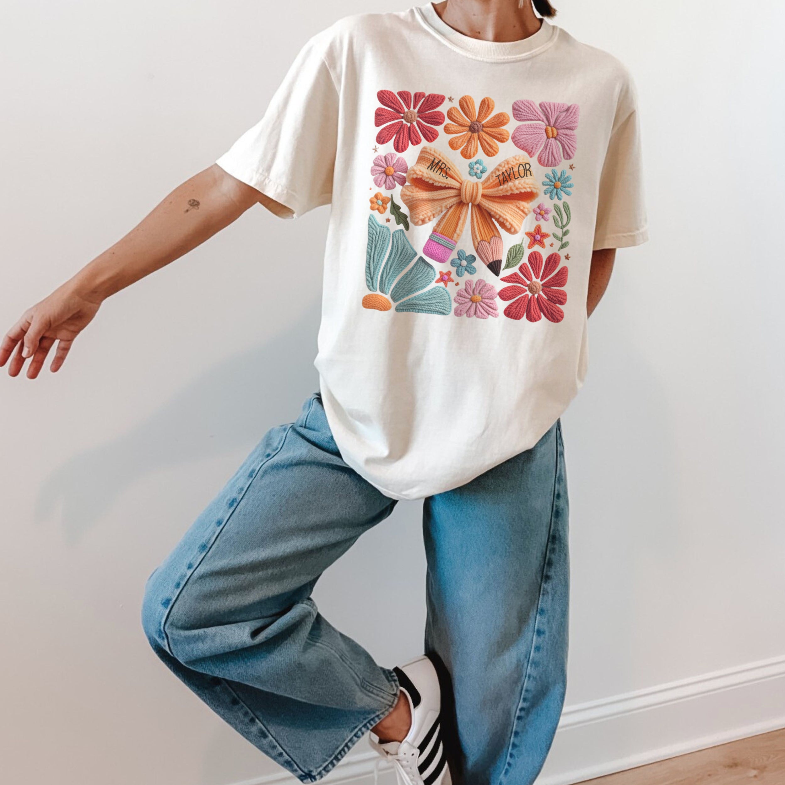 Faux embroidered Teacher Shirt, Comfort Colors, Teacher appreciation gift, pencil coquette, yarn embroidery